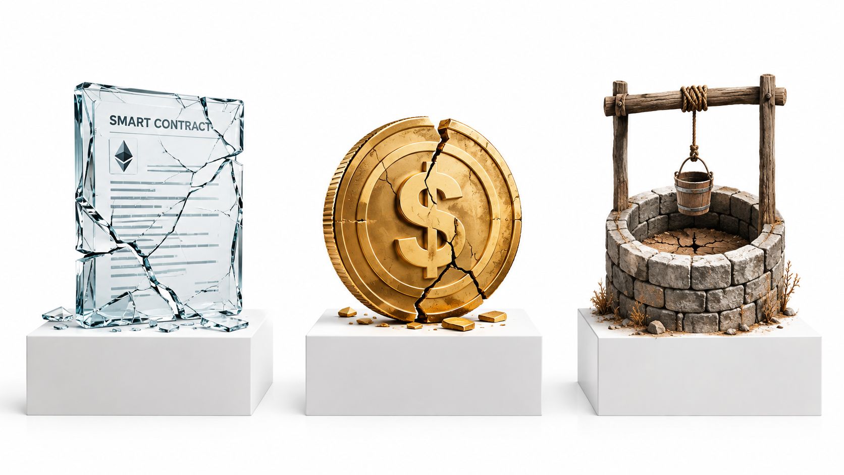 A conceptual image showing a broken smart contract, a cracked dollar coin, and a dry, empty water well.