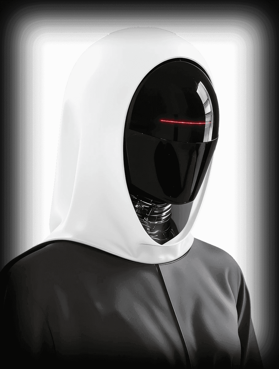 Humanoid robot front view with a white hood and black glossy face mask featuring a thin red light line where the eyes would be