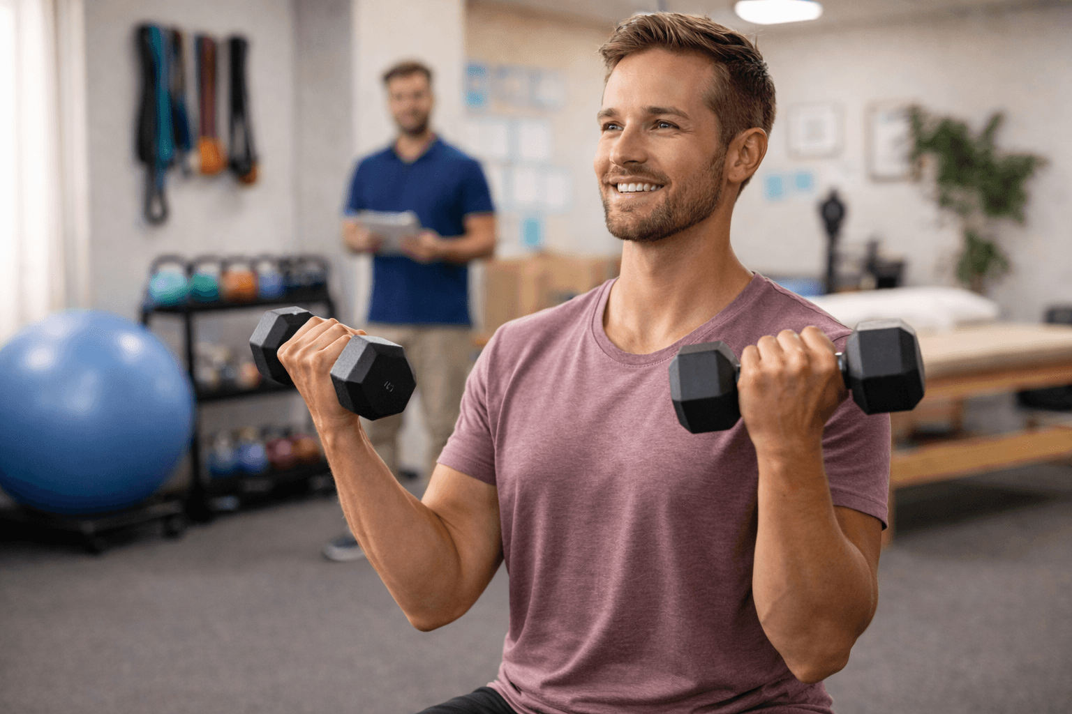 Male patient performing strength training with dumbbells in a physical therapy gym, building capacity and resilience as part of physical therapy treatment.