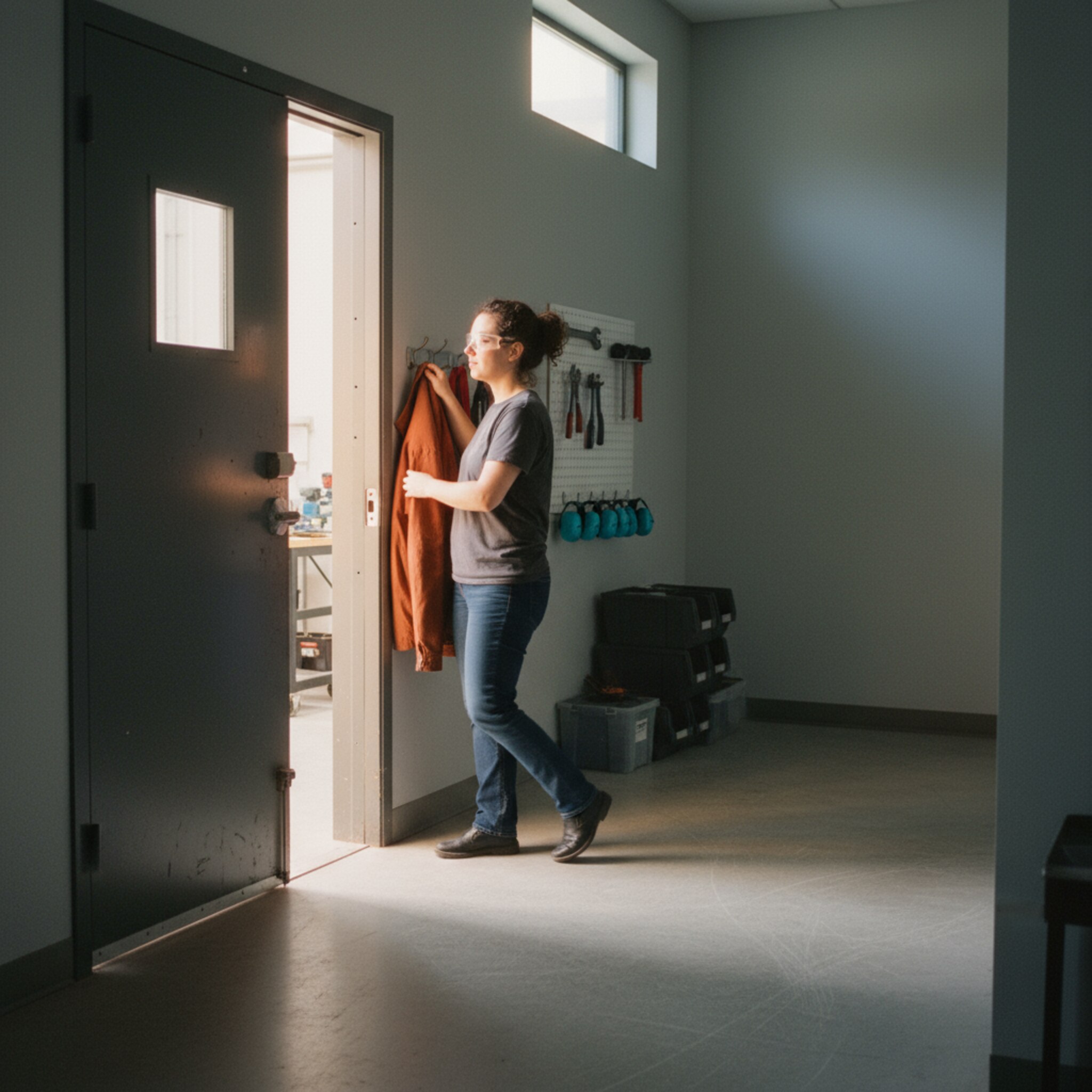 Eine schwere Werkstatttür steht einen Spalt offen, von innen fällt helles Licht in den Flur. Eine Person mit Schutzbrille tritt ein und hängt die Jacke an einen Haken. An der Wand sind sauber aufgehängte Gehörschützer zu sehen. Die Szene fühlt sich kontrolliert und vorbereitet an.