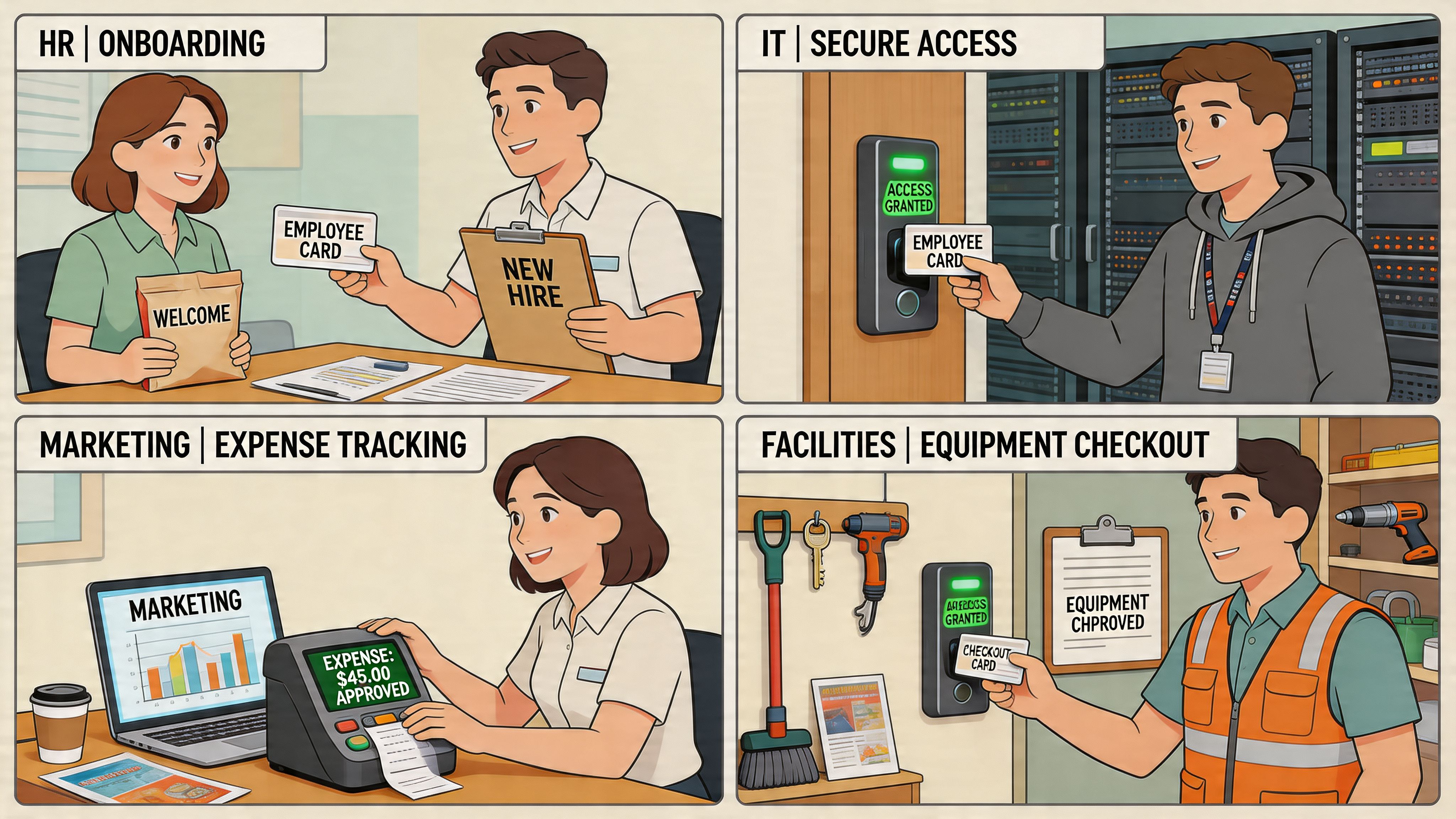 A four-panel illustration showing employees using identification cards for HR onboarding, IT access, expense tracking, and equipment checkout.