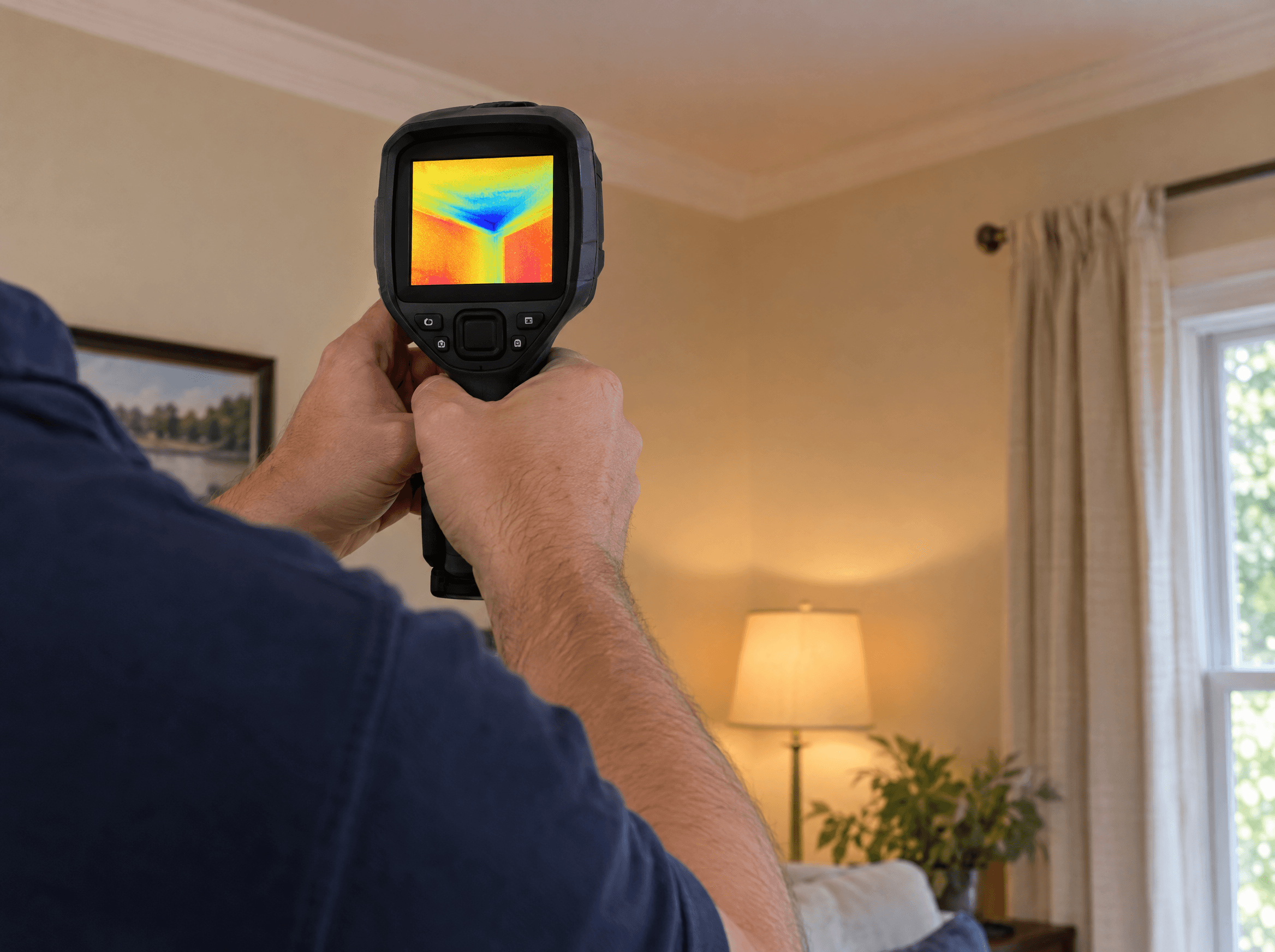 Inspector scanning a ceiling with a thermal imaging camera