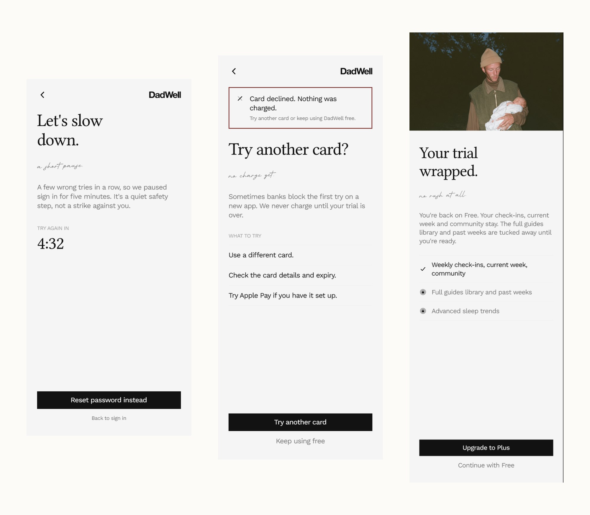 The unhappy paths: a sign-in lockout reframed as a pause rather than a punishment, a declined card that states nothing was charged, and a trial ending without losing the check-ins