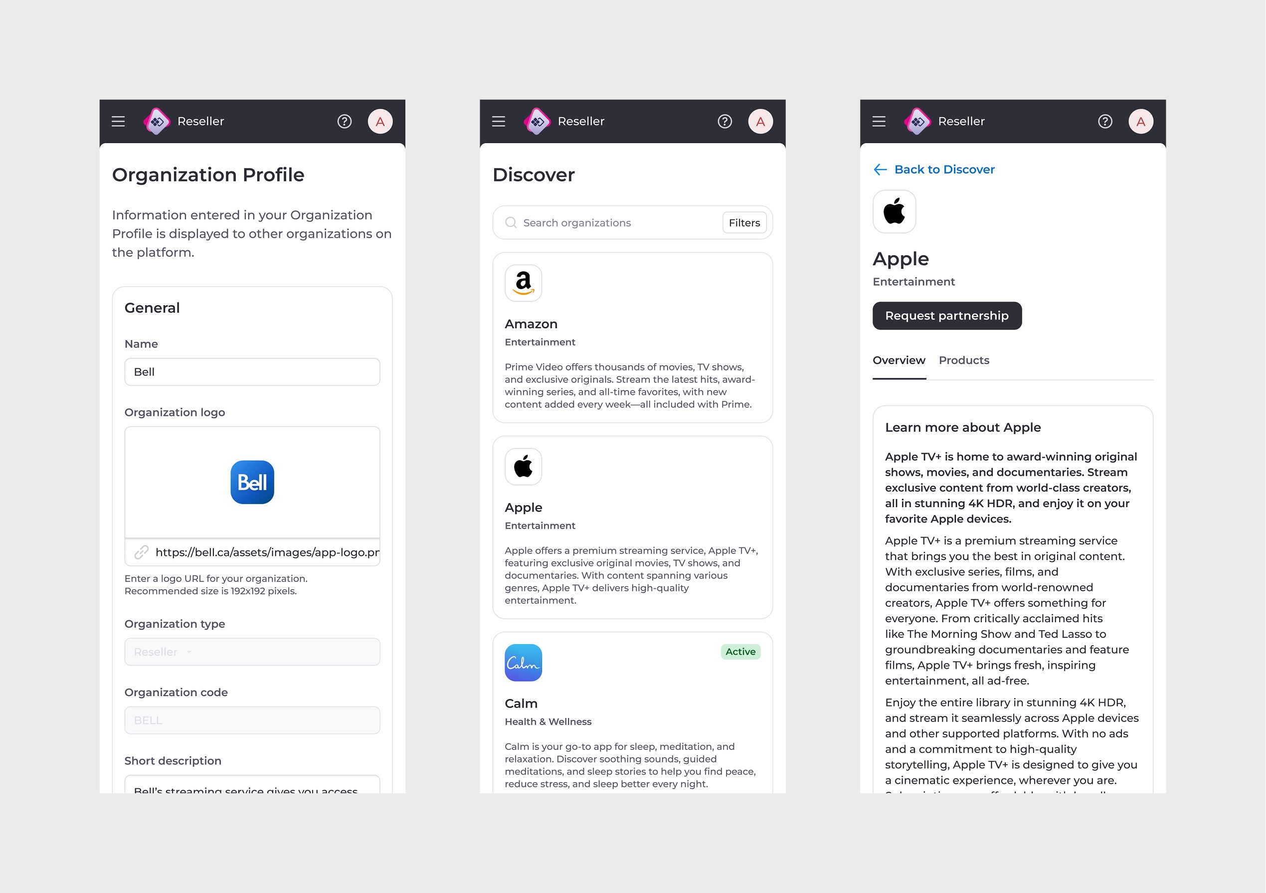 Reseller view - Organization Profile, Discover, and Discover Details - Overview tab (mobile screens).