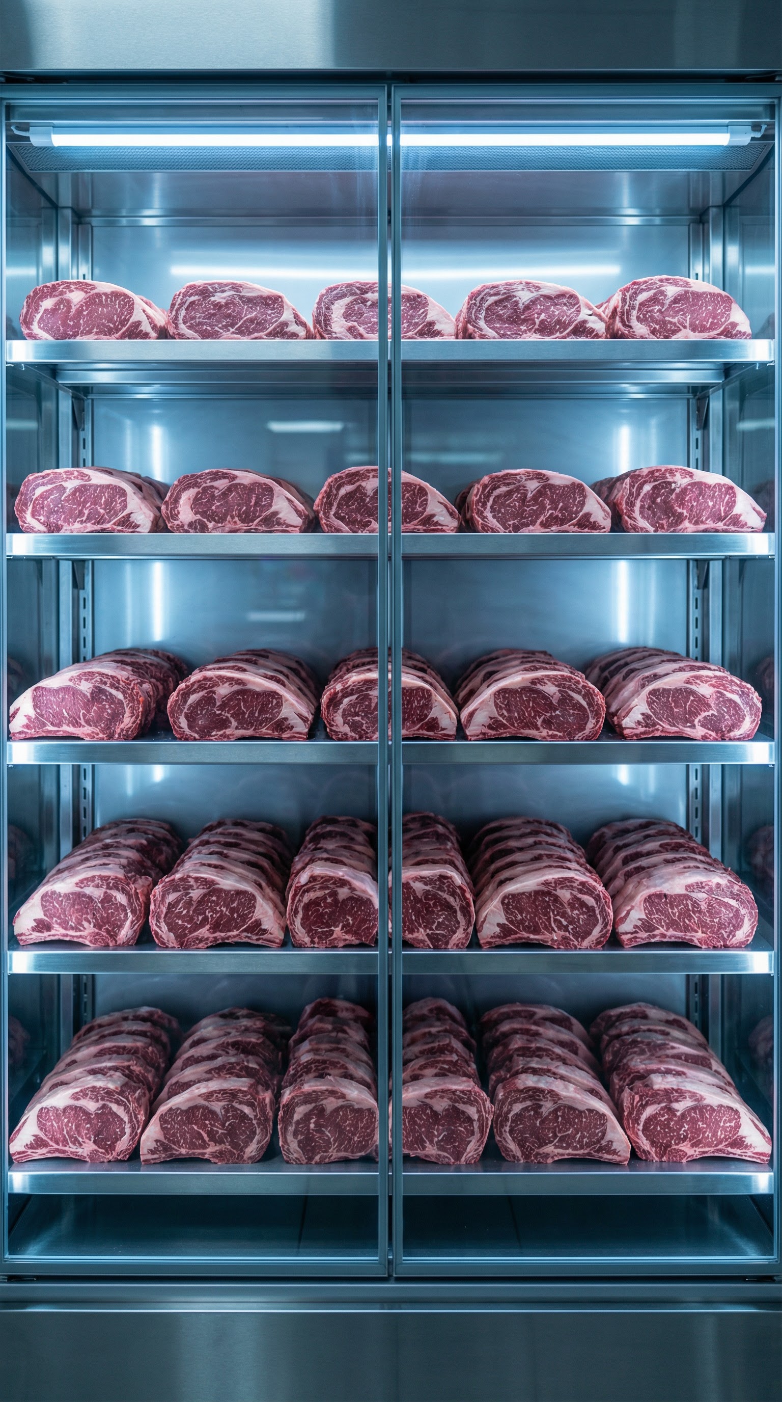 Premium marbled beef steaks arranged in a refrigerated display cabinet.