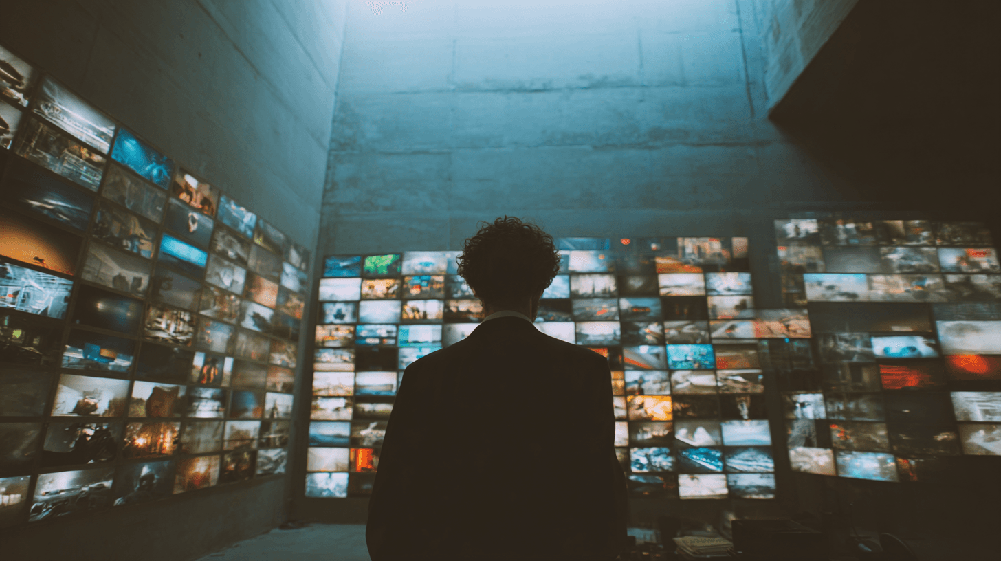 Creative workspace with large windows and a wall full of inspiration boards.