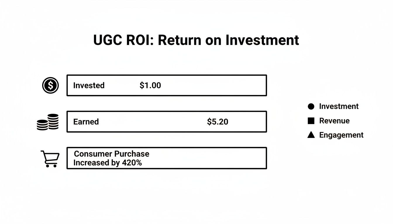 A graphic illustrating UGC Return on Investment, showing $1.00 invested earned $5.20, and consumer purchases increased by 420%.