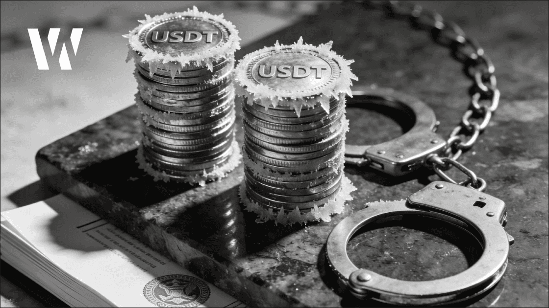Metal USDT coins resting on granite beside handcuffs, frost forming along the edges in cinematic black-and-white light.