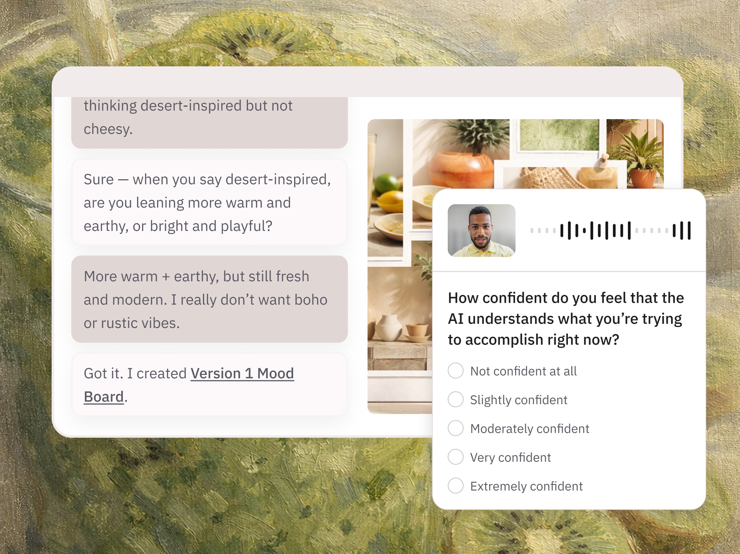 A researcher reviews a tablet while standing in front of a wall covered with UX wireframes and sketches