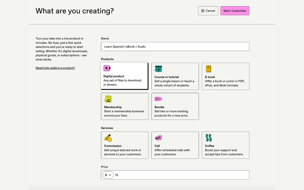 Gumroad’s What are you creating? screen, with product types including Digital product, Course or tutorial, E-book, Membership and Bundle