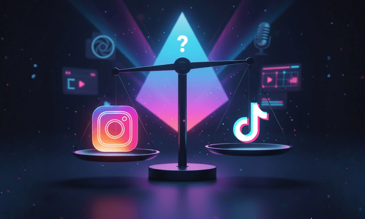 A stylized scale balancing the Instagram and TikTok logos, symbolizing a comparison between the two platforms for content creators. The background features digital media icons like microphones, video clips, and a glowing question mark above the scale, representing the decision-making process in choosing the best platform.