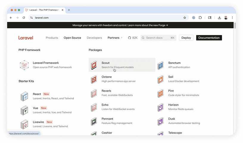 A screenshot of Laravel's website showing a dropdown menu with three sections: PHP Framework (featuring Laravel Framework), Starter Kits (including React, Vue, and Livewire options marked as "New"), and Packages (displaying various tools like Scout, Octane, Reverb, Echo, Pennant, Cashier, Sanctum, Sail, Pint, Horizon, Dusk, and Telescope with their respective descriptions).
