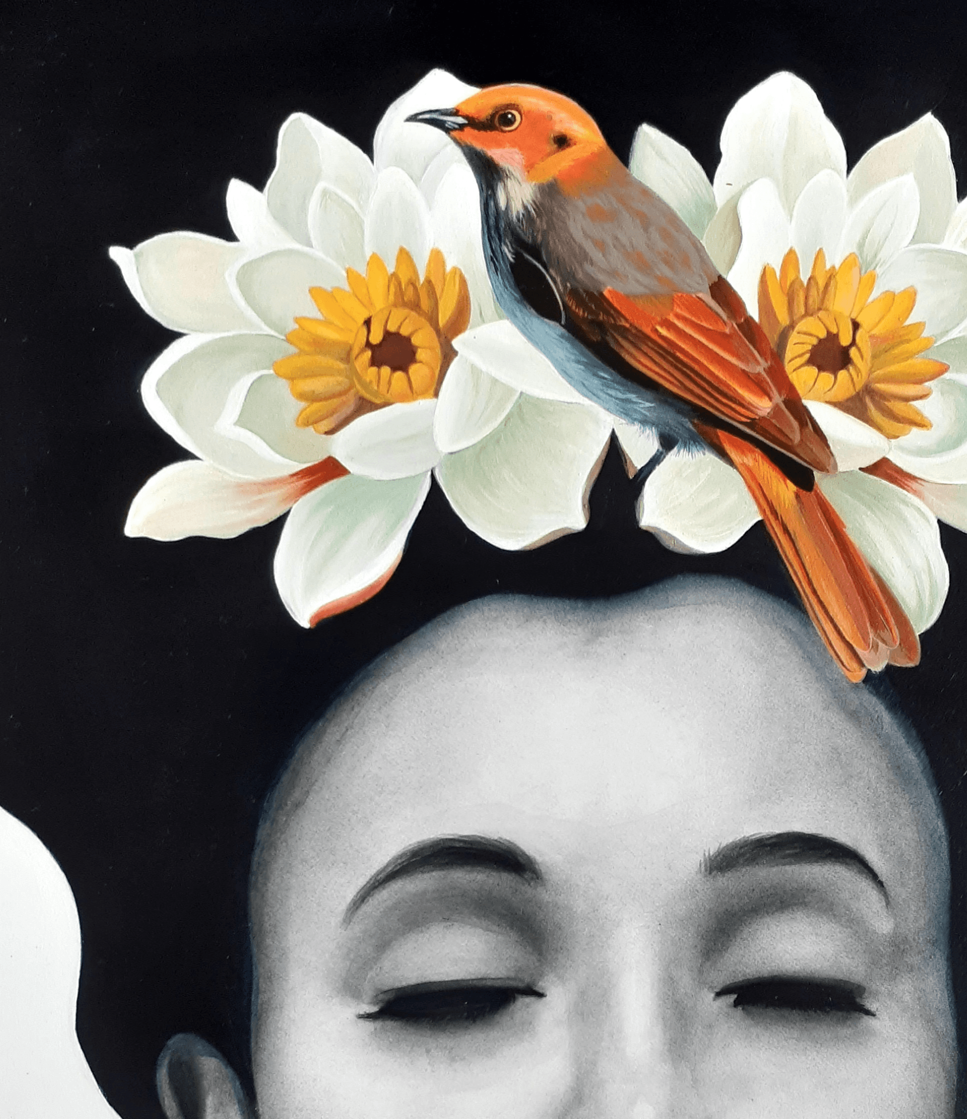 beautiful portrait of a woman with flowers and bird perched in her hair by kati garrett filho