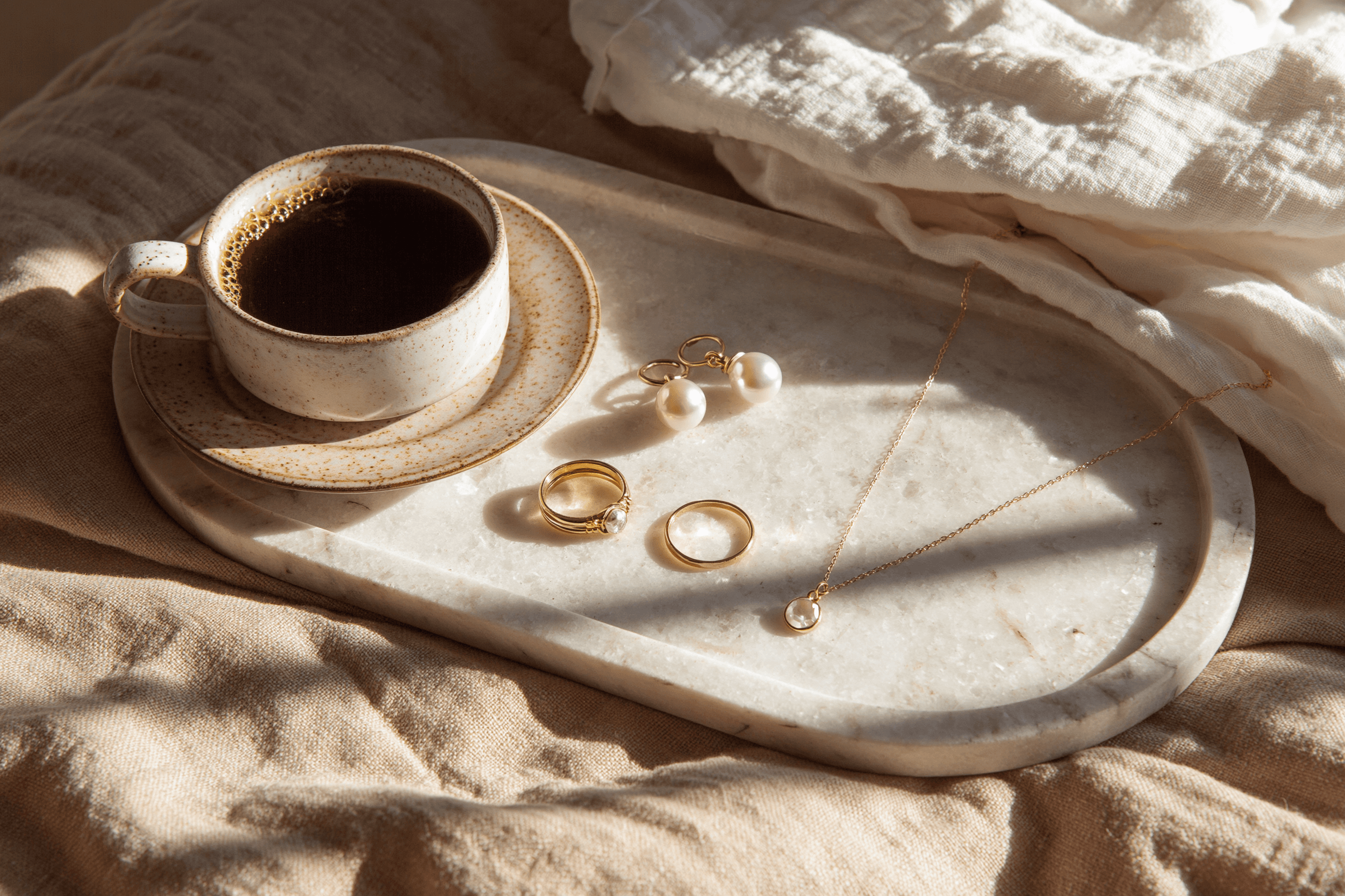 A cup of black coffee on a speckled ceramic saucer sits on a white marble tray alongside gold jewelry—a pearl necklace, pearl earrings, and two rings—arranged on soft beige linen fabric with draped white cloth, illuminated by warm natural sunlight casting soft shadows.