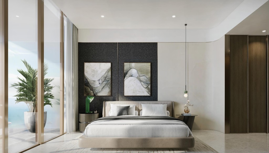 Modern bedroom in Palazzo Tissoli with a large window showcasing a stunning ocean view.