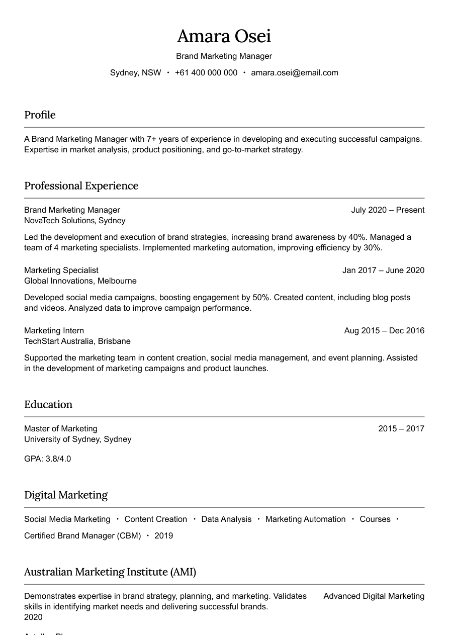 Brand marketing manager resume example