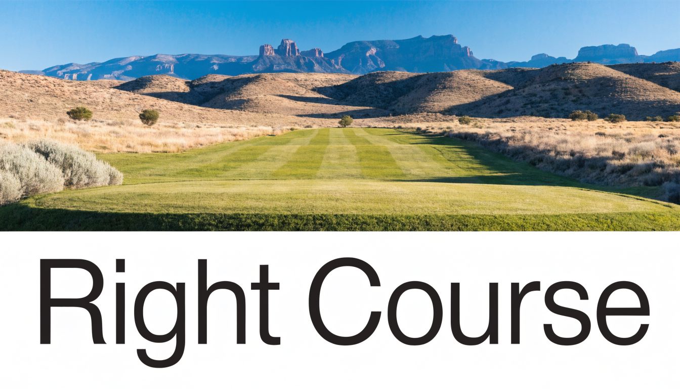 A wide, well-manicured golf course fairway leading toward scenic desert mountains under a clear blue sky.