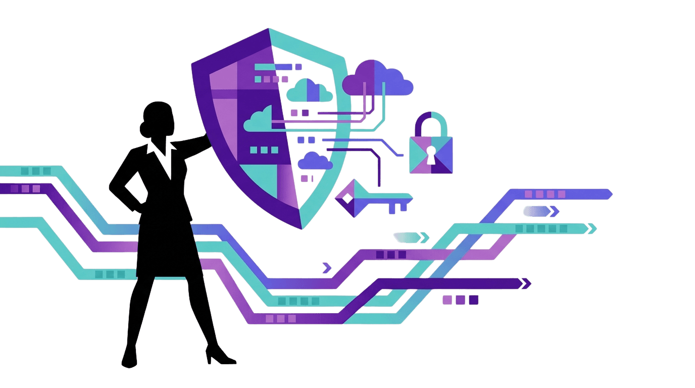 Silhouette of a person standing against an abstract colorful digital background with swirling patterns.