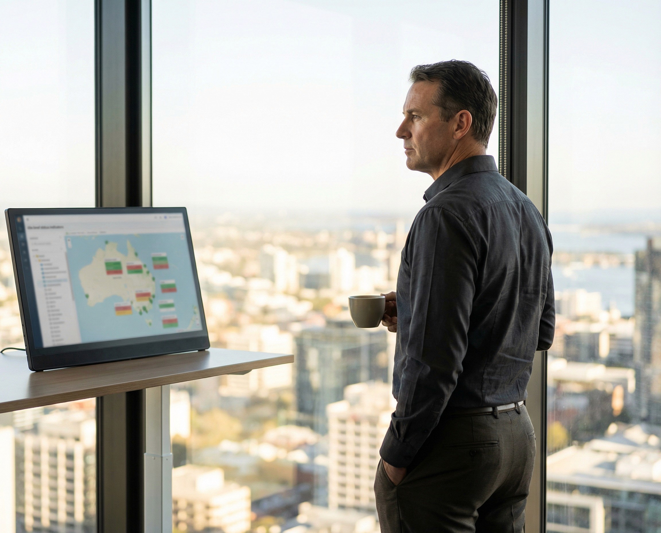 A CEO in his early 50s standing at the floor-to-ceiling window of a corner office on a high floor, mid-morning, looking out over an Australian city skyline. He is turned three-quarters away from the camera, one hand holding a coffee, the other in his trouser pocket. On the standing desk beside the window, a single monitor is angled toward where he was just standing, showing a national-view dashboard with site-level status indicators arranged geographically — coloured blocks in a map-like layout, visible in shape but not legible. He has stepped away from the screen to think.