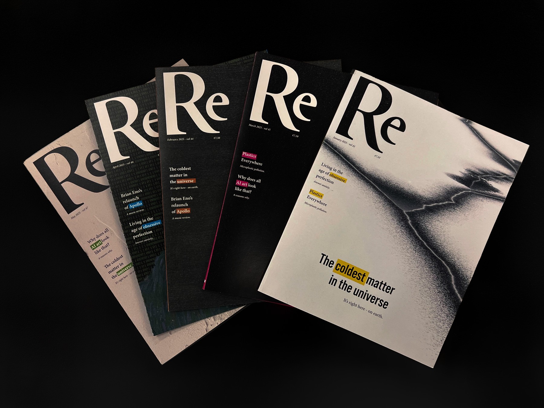 Een bovenaanzicht van vijf opeenvolgende edities van het tijdschrift 'Re', uitgelegd in een waaier op een zwarte achtergrond. De covers hebben een minimalistisch design met een grote, elegante letter 'R' en kleine 'e' als logo. De thema's variëren van AI-kunst en plasticvervuiling tot "het koudste deeltje in het universum". Het kleurgebruik is sober met accenten in geel, magenta en blauw.