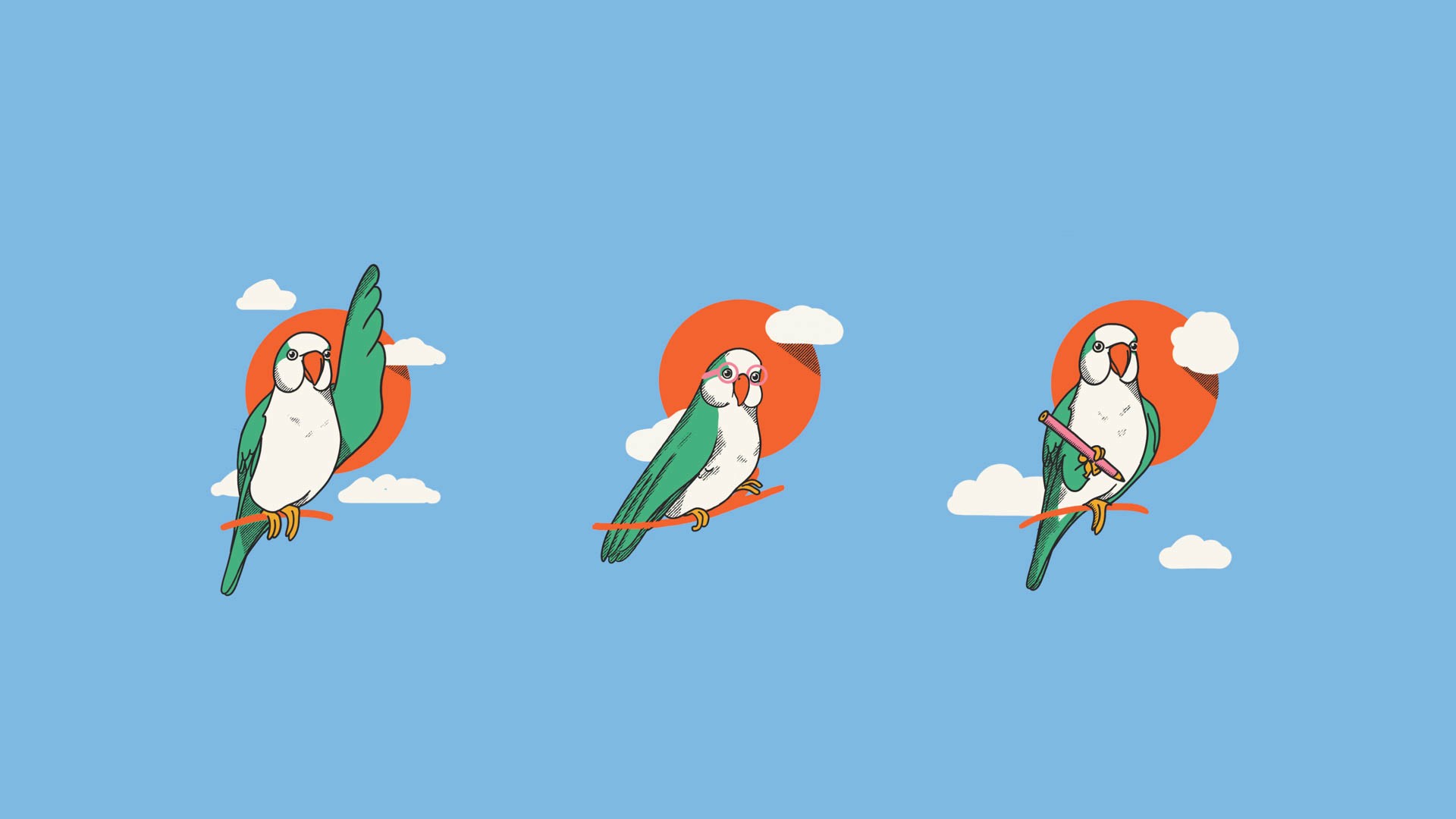 Three stylized parrots are perched on orange circular shapes against a light blue background with white clouds. The parrot on the left has its wing raised, the middle parrot has its head tilted down, and the rightmost parrot holds a pencil in its beak. All three parrots have green and white bodies with orange-red heads and orange-red beaks.