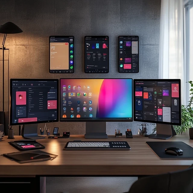 Espace de travail moderne avec plusieurs écrans affichant des interfaces d'applications mobiles en cours de développement.