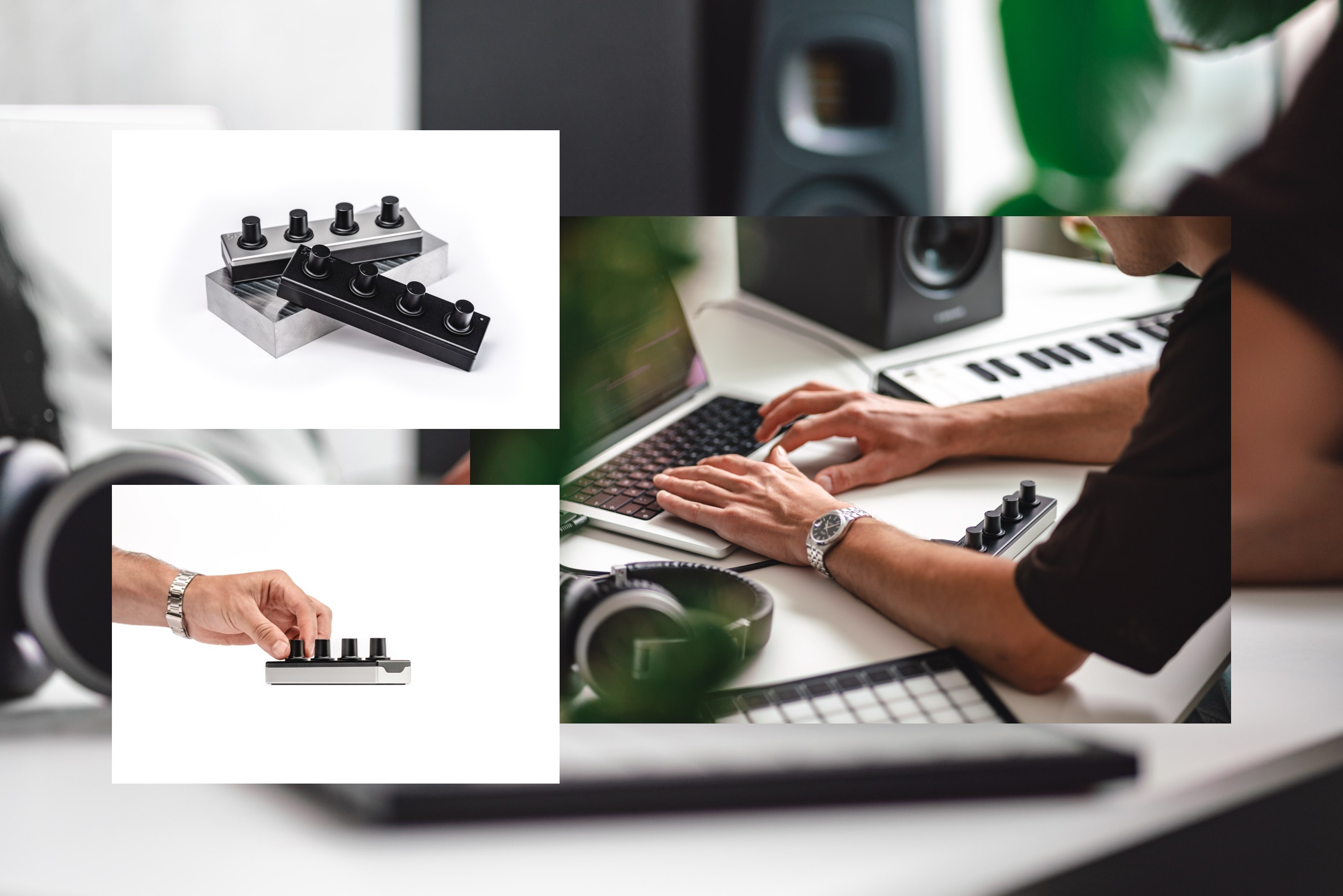 n angled lifestyle shot of the El4B MIDI controller by Engineeringlab, placed on a modern desk setup. The controller is surrounded by various music production tools, like a laptop, headphones, and speakers. Soft ambient lighting adds to the cozy, creative atmosphere, highlighting the sleek, minimalist design of the controller, with its clean buttons and knobs. The environment reflects an artistic workspace, suggesting a professional but relaxed vibe, perfect for music producers.