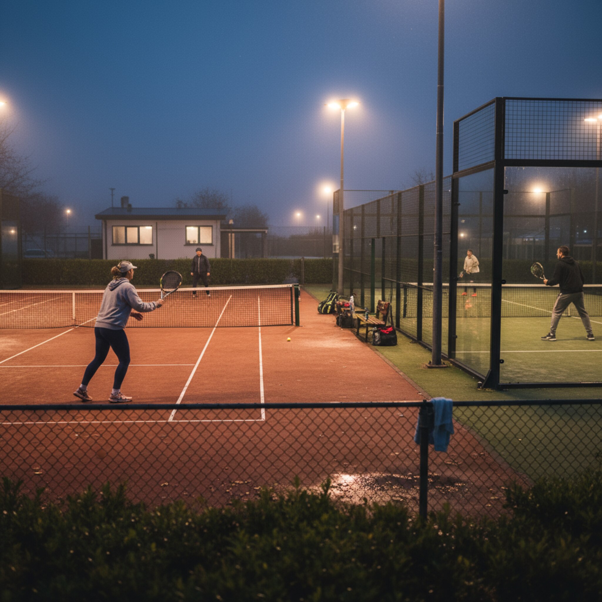 Abendliche Tennis- und Padelanlage unter warmem Flutlicht, zwei Duos spielen parallel, sichtbare Linien und Netze, leichte Restfeuchte nach Regen, natürliche Farben, realistischer Fotostil