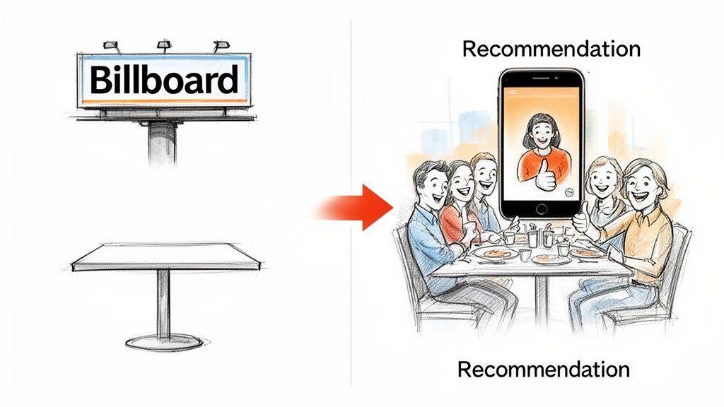 A billboard and table transform into friends dining, viewing a smartphone recommendation.