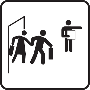 Hi fidelity icon shows two people carrying suitcases leaving a door and someone outside holds a piece of paper and points out the door.