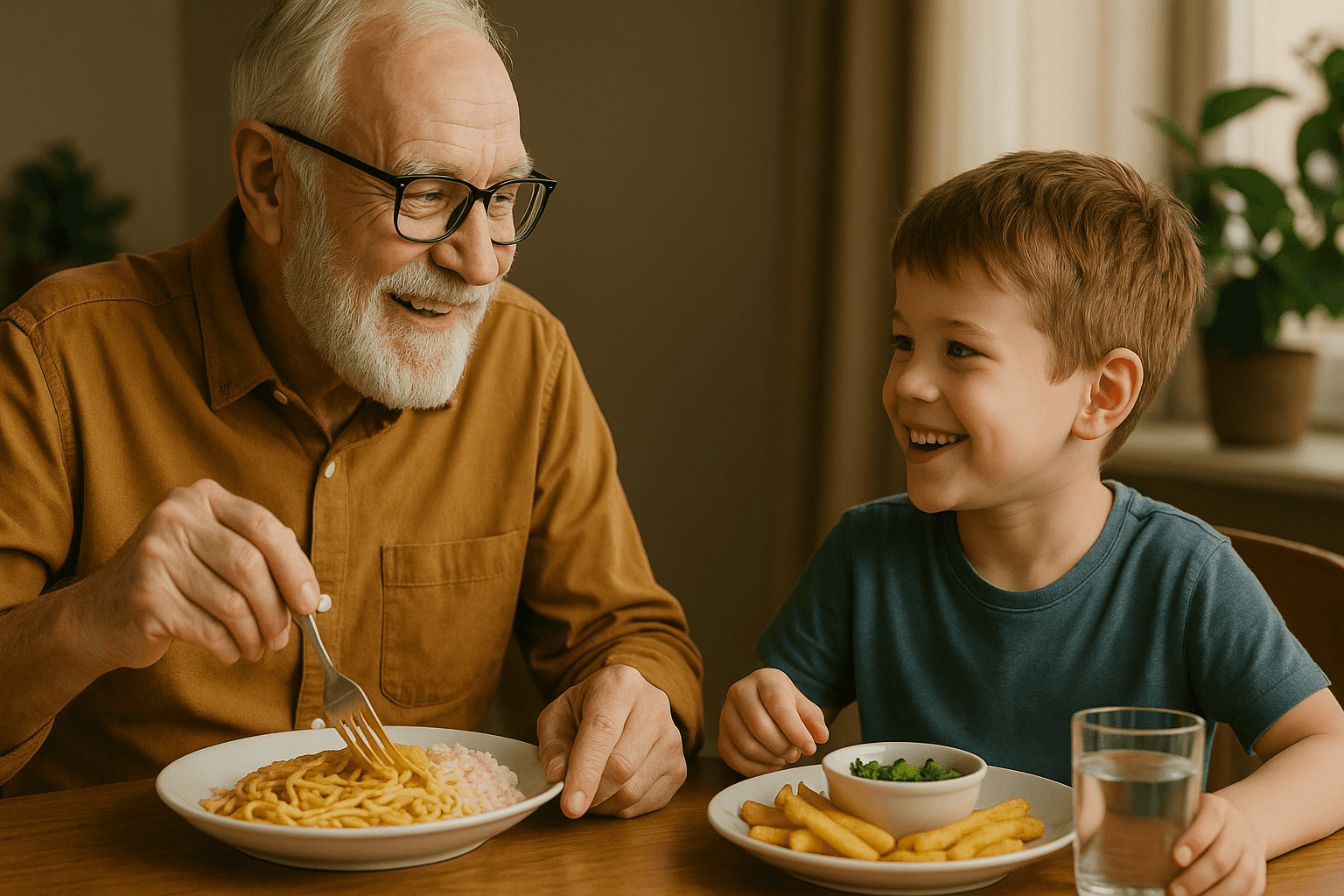 Order healthy food online – Elderly & Kids Meals | Elderly & Kids Friendly Meals “Grandfather and young boy smiling over a meal – balanced and safe food for kids and elderly.”