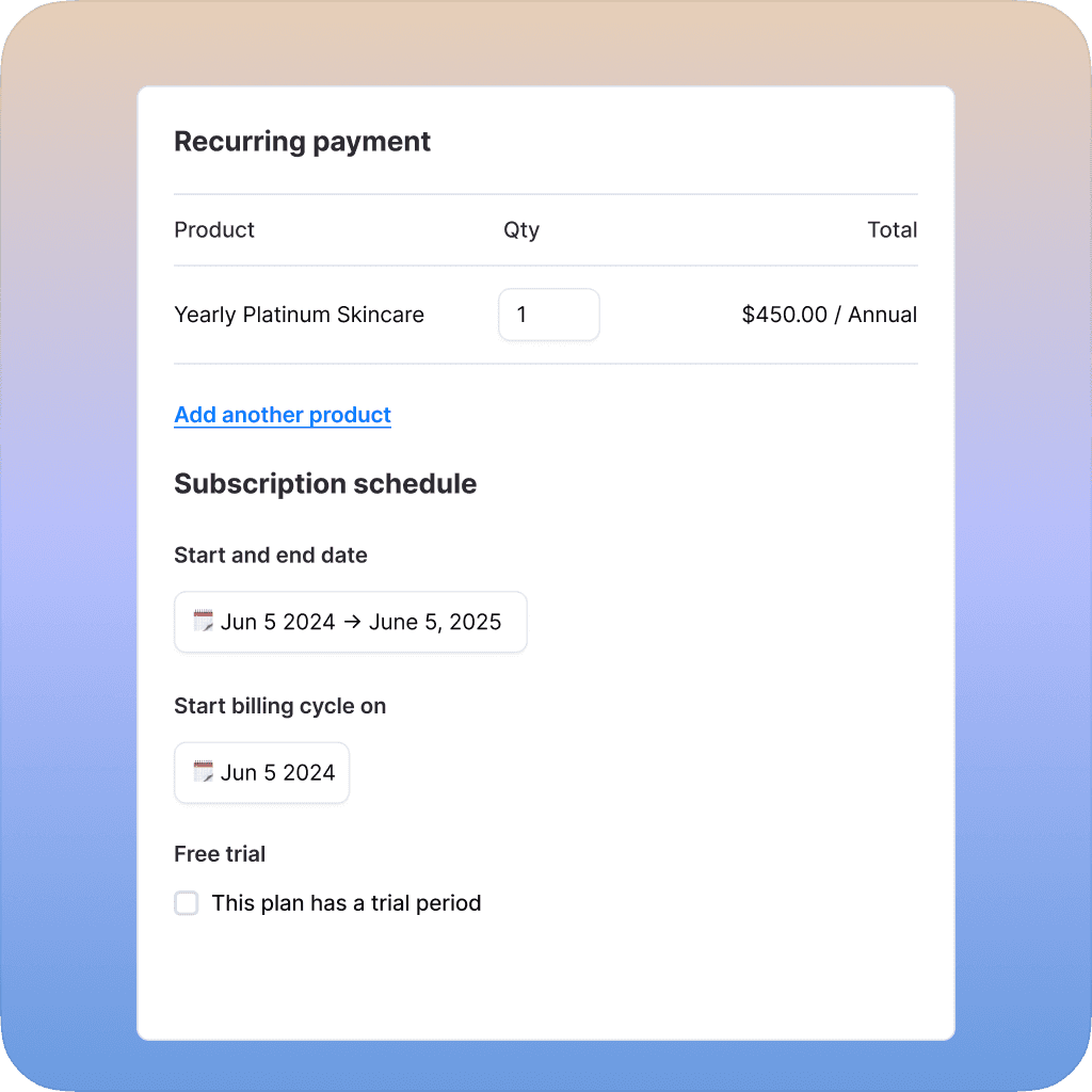 Einrichtung der wiederkehrenden Zahlung für 'Yearly Platinum Skincare' für 450 $/Jahr mit Optionen im Abonnementzeitplan.