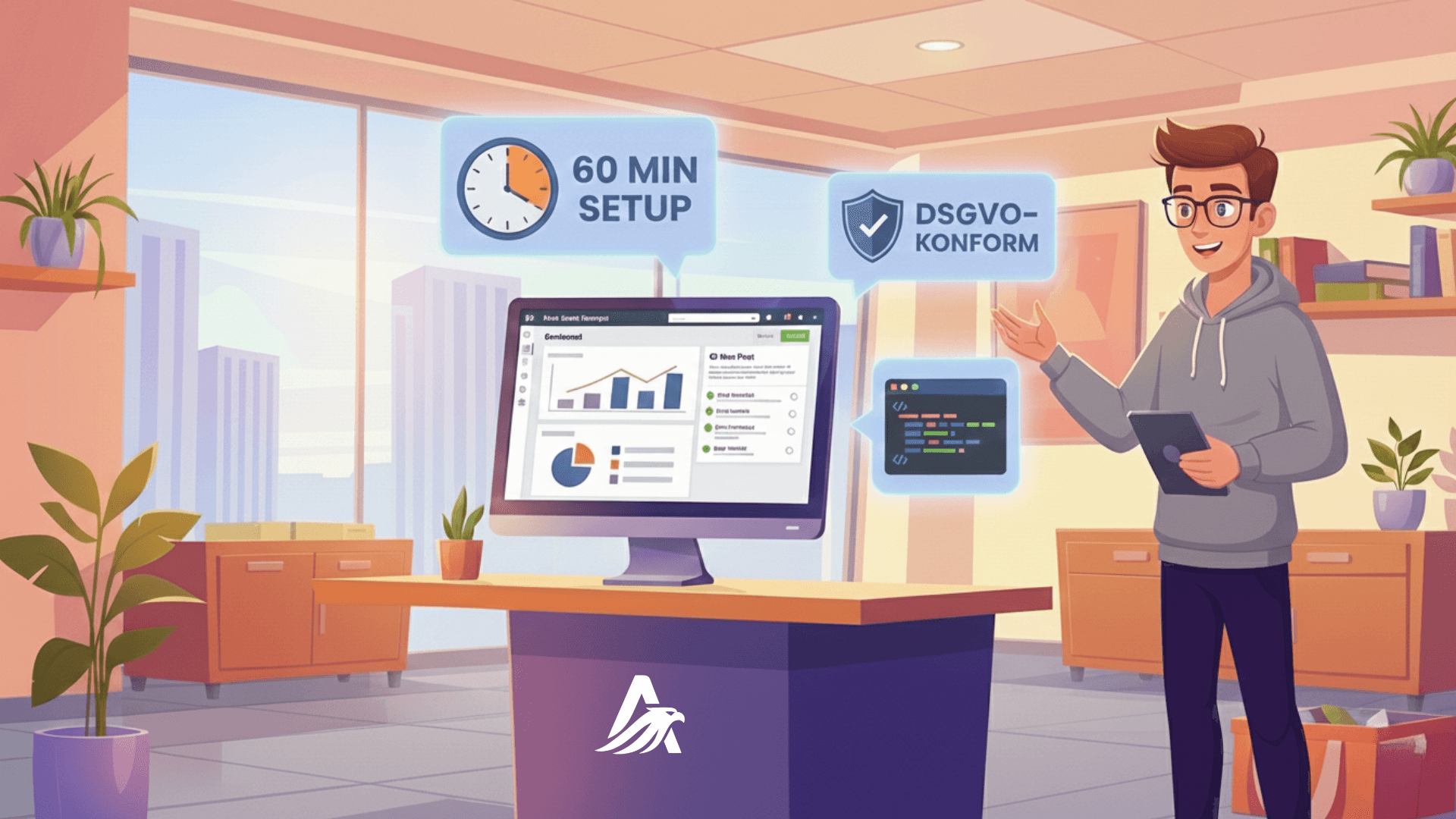 Illustration eines Experten in einem modernen Büro neben einem Computerbildschirm mit Analyse-Dashboard. Über dem Monitor schweben digitale Sprechblasen mit den Texten „60 MIN SETUP“ und „DSGVO-KONFORM“, die eine schnelle und rechtssichere Einrichtung des Meta Pixels symbolisieren.