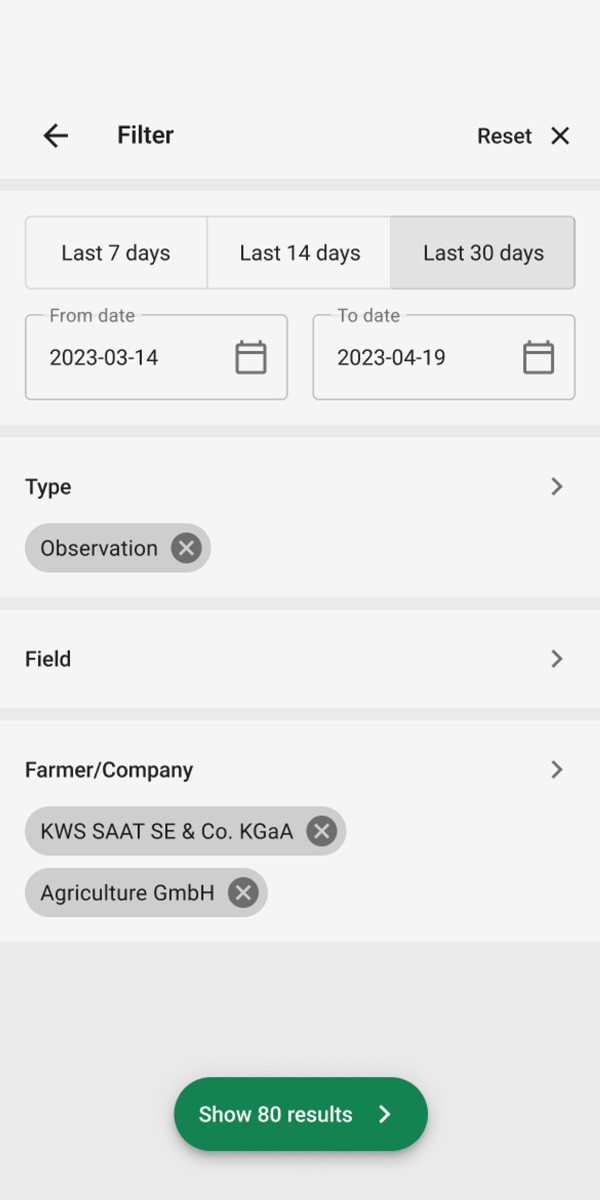 Mockup of the inspection filter interface of the KWS Field Explorer mobile app on smartphone