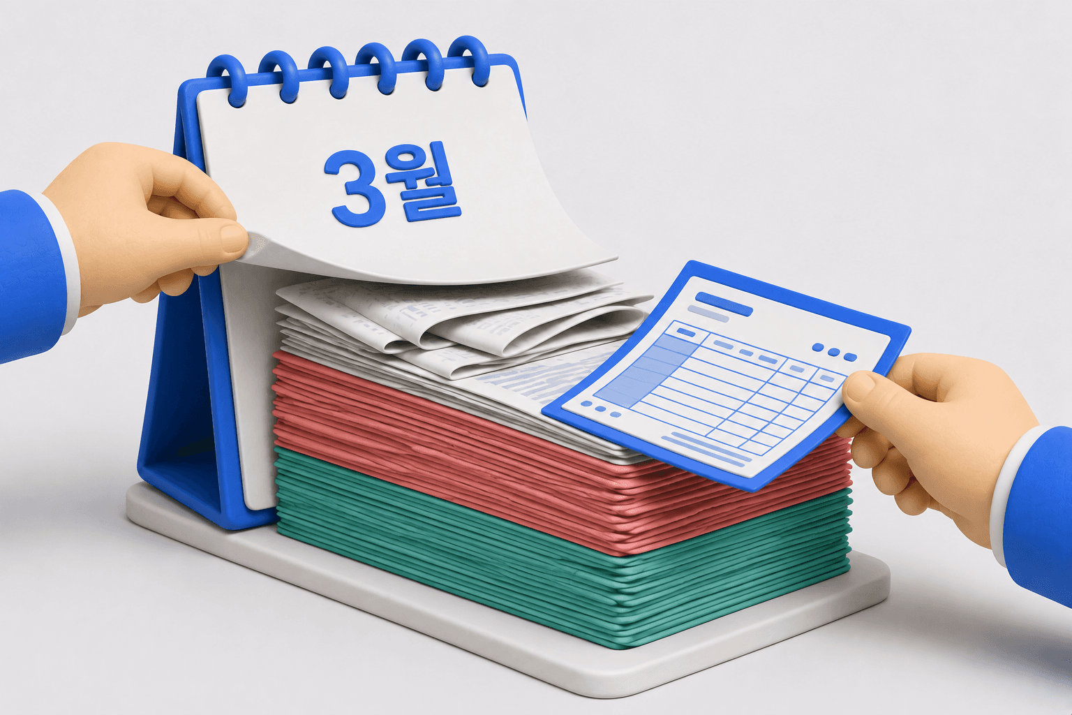 달력 장을 들어 올리자 그 아래 드러난 1년치 전표 더미와 계산서를 집는 손