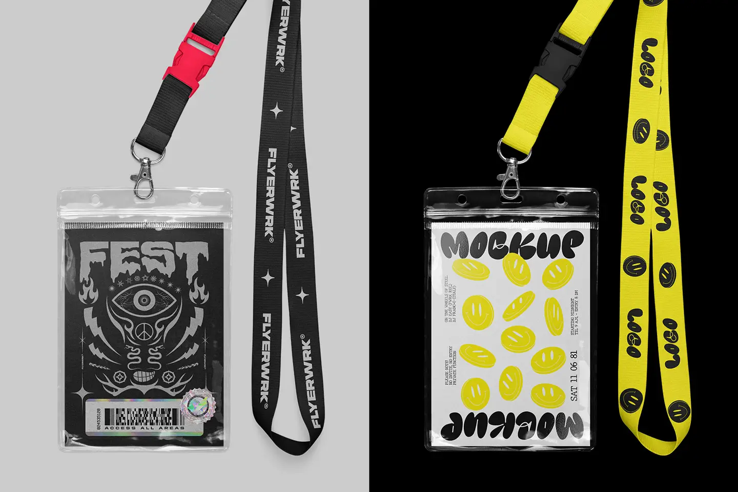 Authentic Lanyard and ID Badge Mockup showing yellow and black strap color customization options