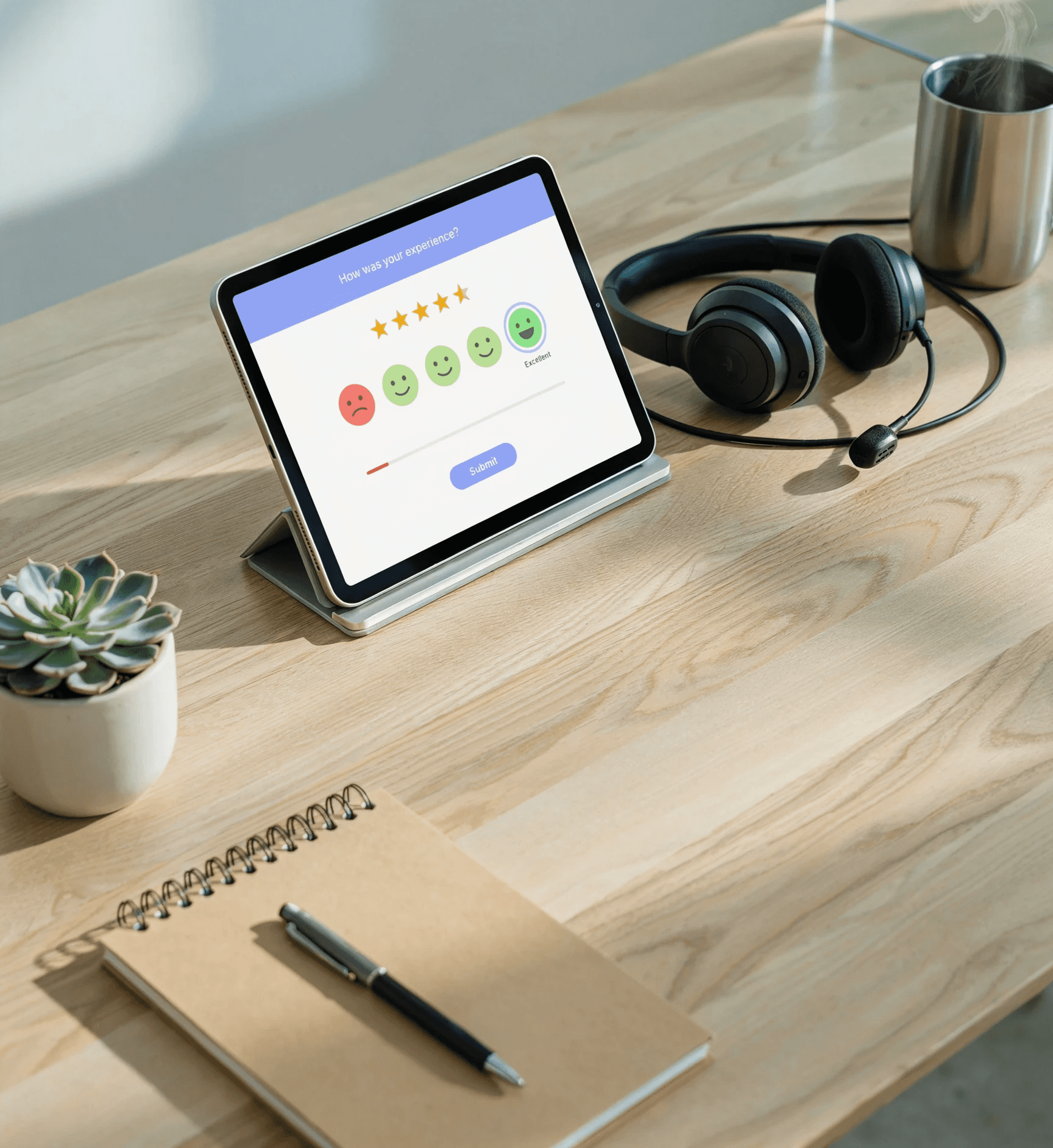 Tablette affichant une enquête de satisfaction client gérée par télésecrétariat