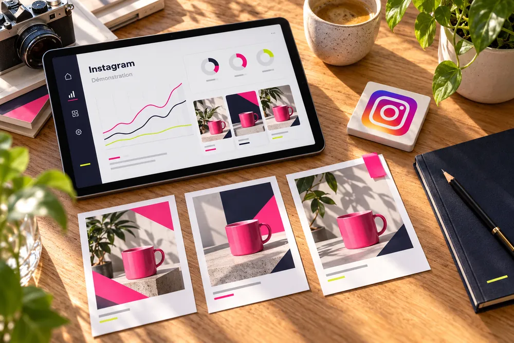 Comparaison d’annonces Instagram avec un écran d’analyse et des variantes créatives.