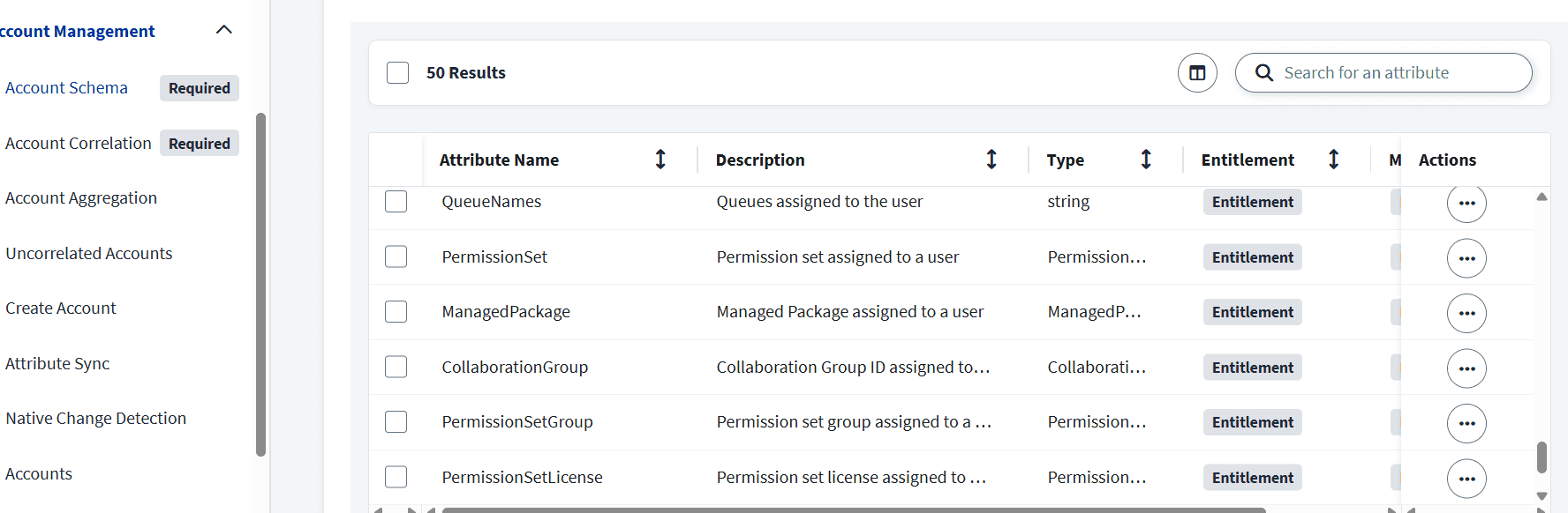 SailPoint ISC Account Schema configuration screen displaying user entitlement attribute mappings like QueueNames and PermissionSet.