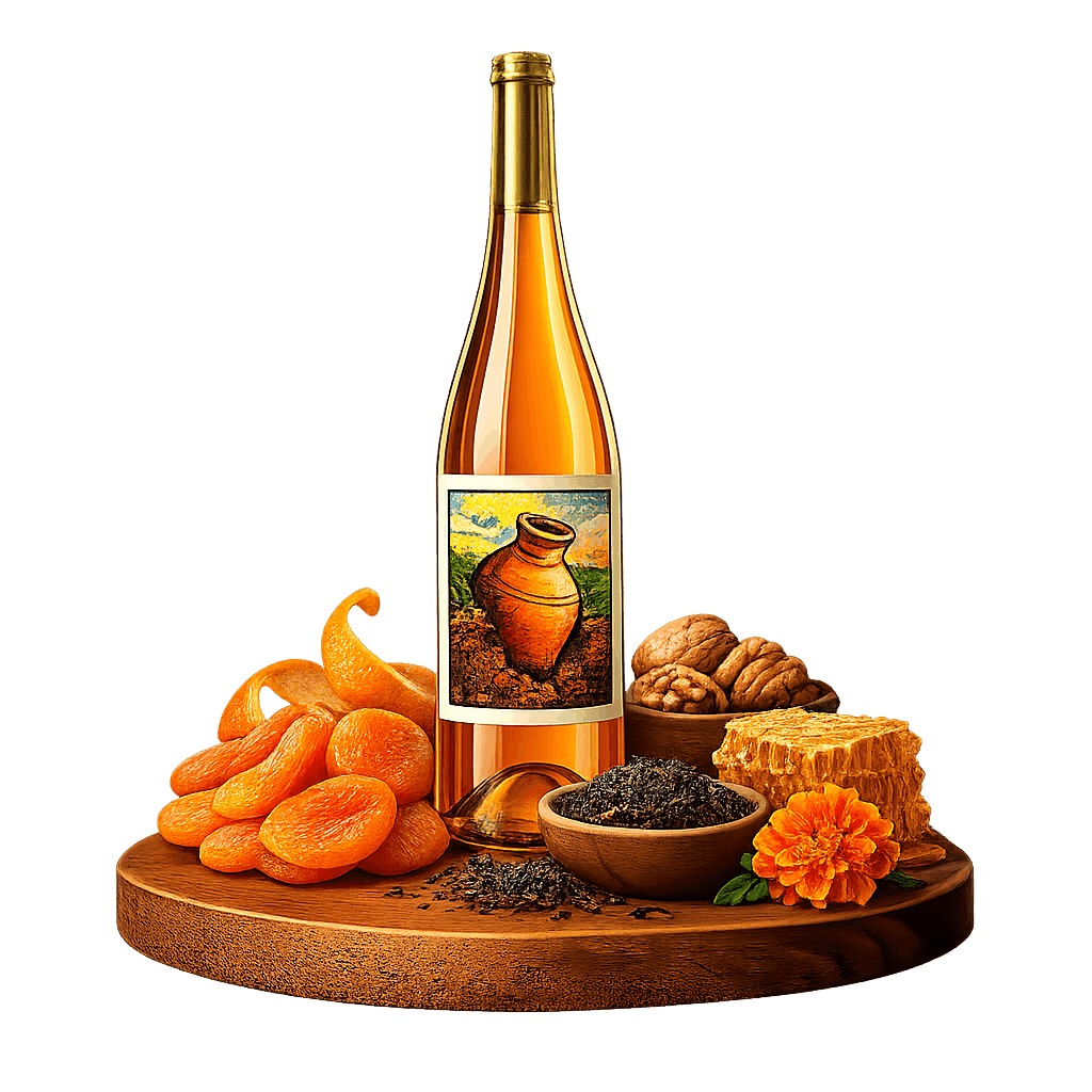 Artistic label and flavor profile for Georgian Kisi Qvevri White on a rustic wooden table.