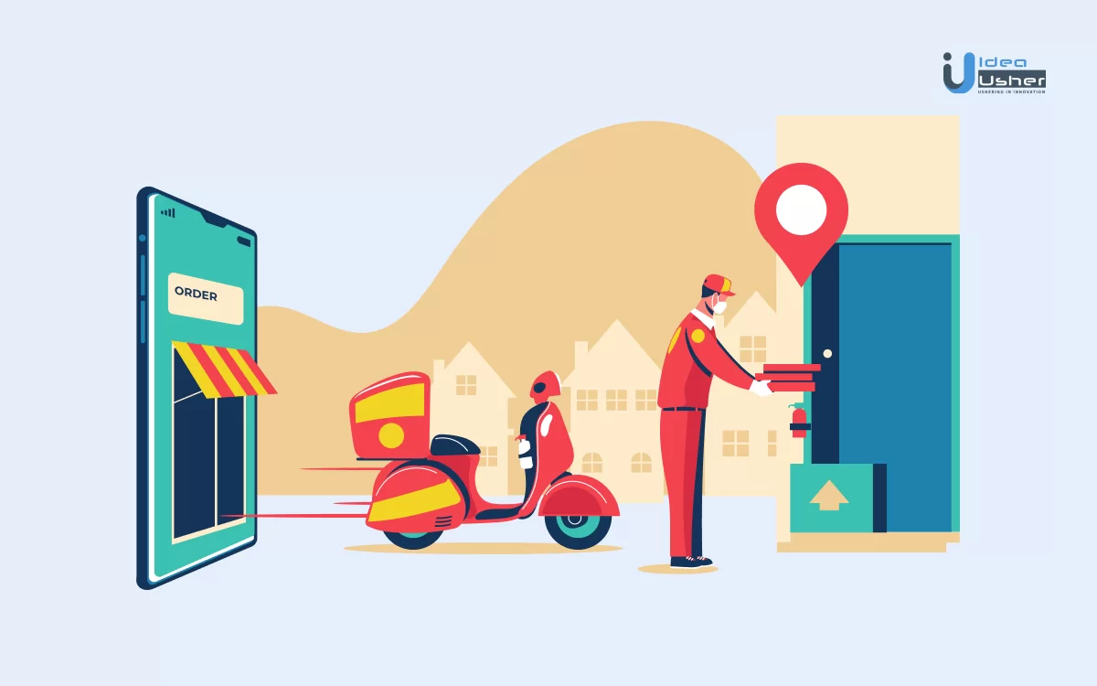 Illustration of a food delivery driver handing an order to a customer’s door, showing the process from mobile app order to doorstep delivery