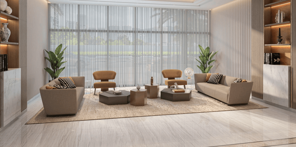 Contemporary living room with expansive windows offering a vibrant view of the city below.