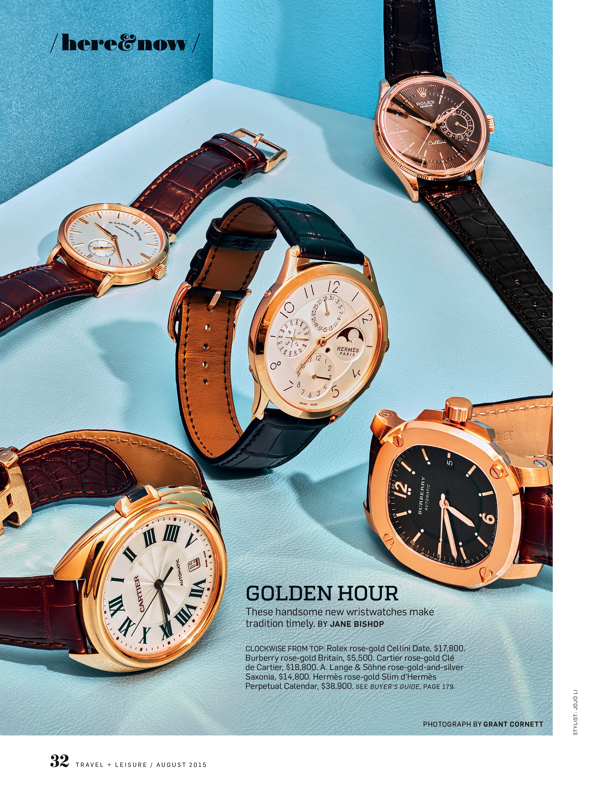 A layout with an image of five gold casing with leather straps watches shot against a blue corner.