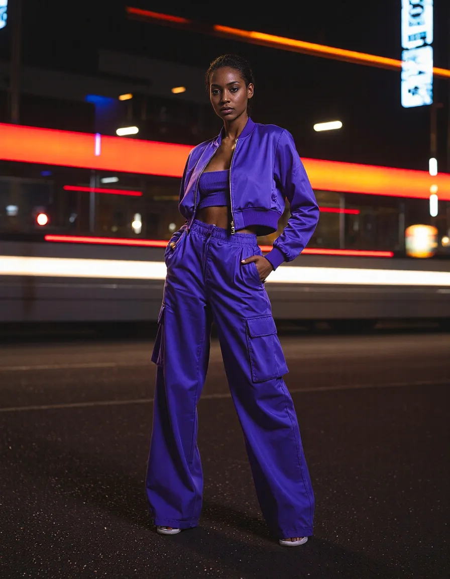 Striking nighttime fashion photograph featuring a purple monochrome outfit against blurred city lights, showcasing urban editorial style.
