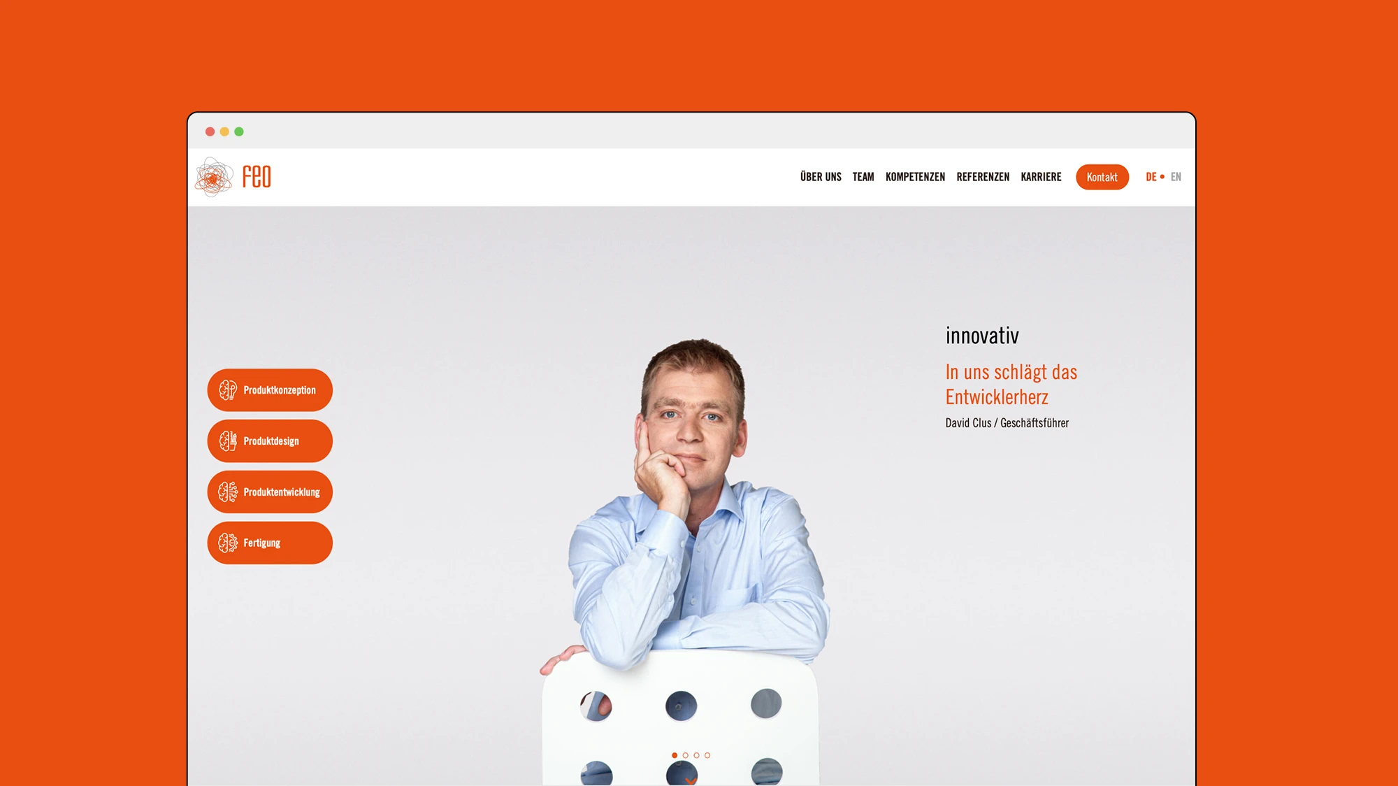 u sehen ist die Startseite der Website der feo Elektronik GmbH mit der Herosektion und einem modernen, professionellen Webdesign.