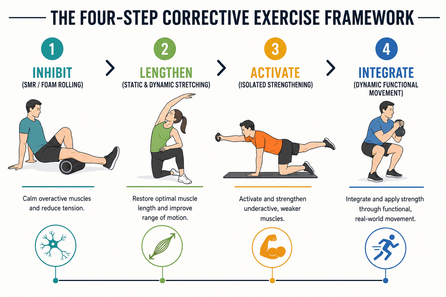 An infographic on the four-step corrective exercise framework.