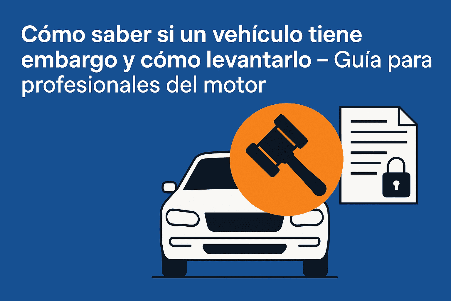 Vehicle embargo guide for motor professionals. Car, gavel, document.