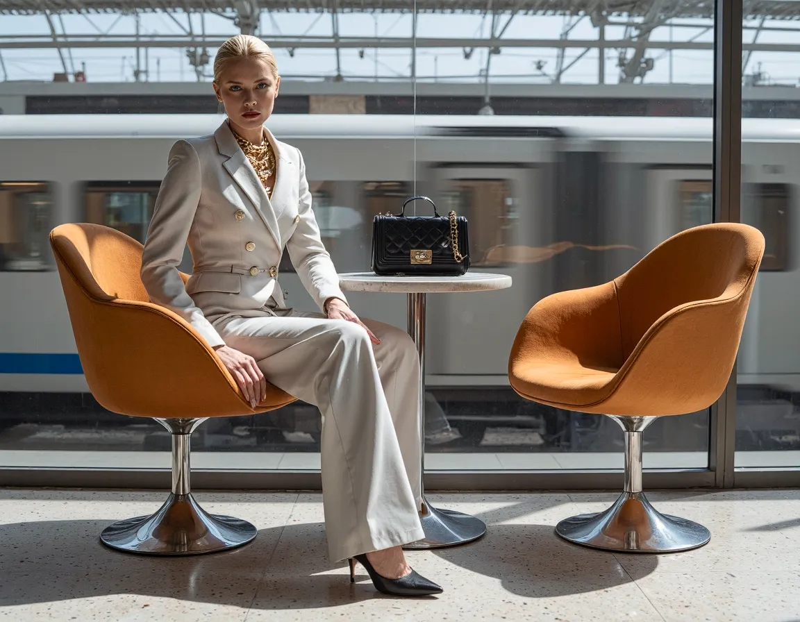 Elegant fashion scene in train station with person in cream suit seated in orange chair, with black quilted handbag on marble table
