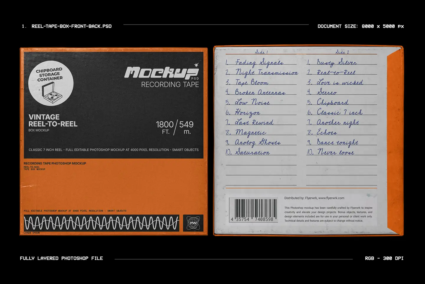 Vintage Reel Tape Box Mockup front and back packaging layout with tracklist design.