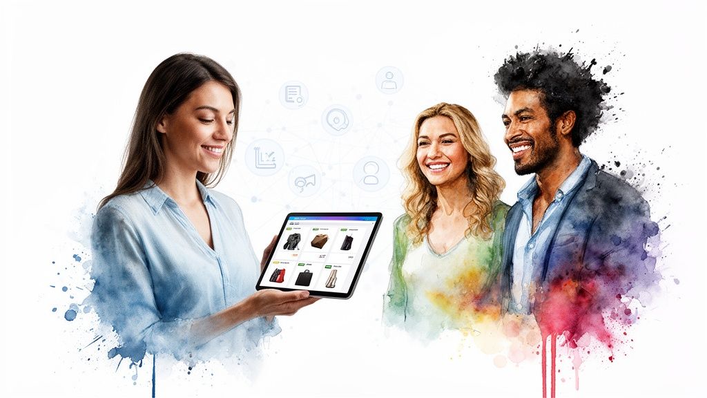 A woman holds a tablet displaying an e-commerce site to two smiling customers, depicting online shopping.